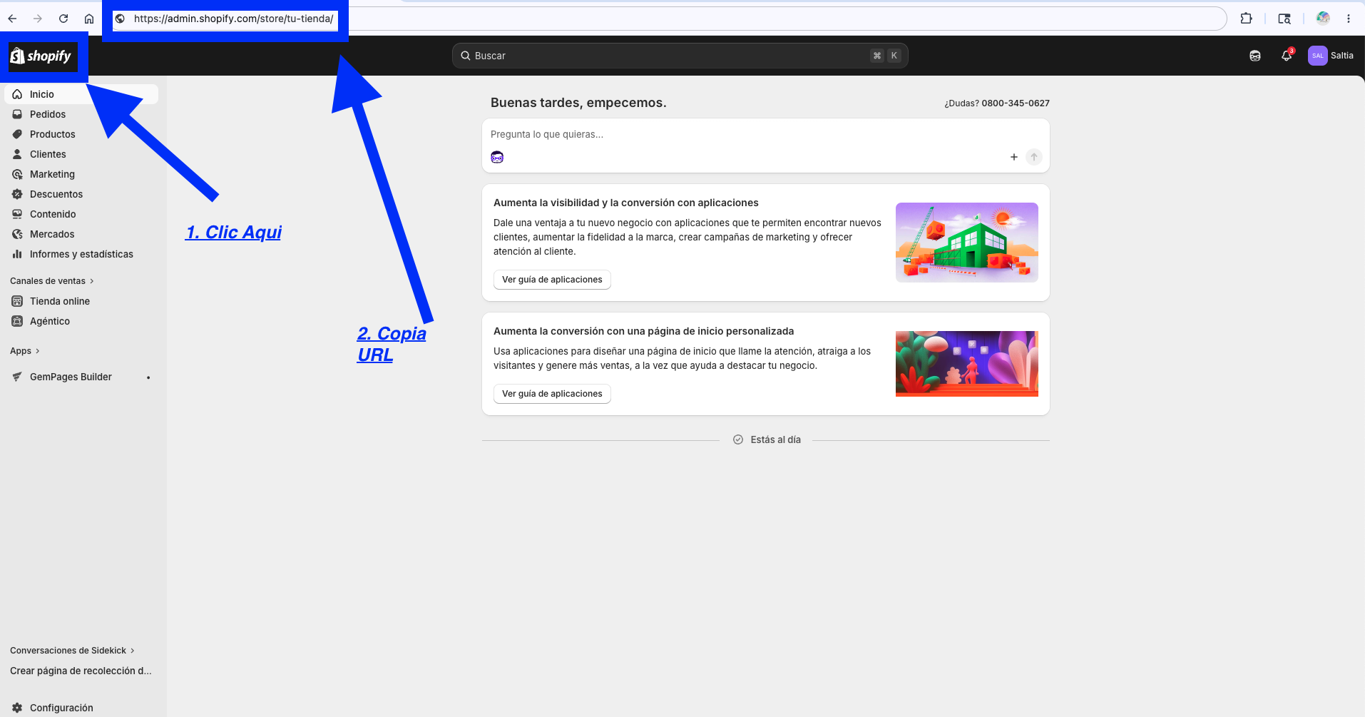 Cómo copiar la URL del admin de Shopify